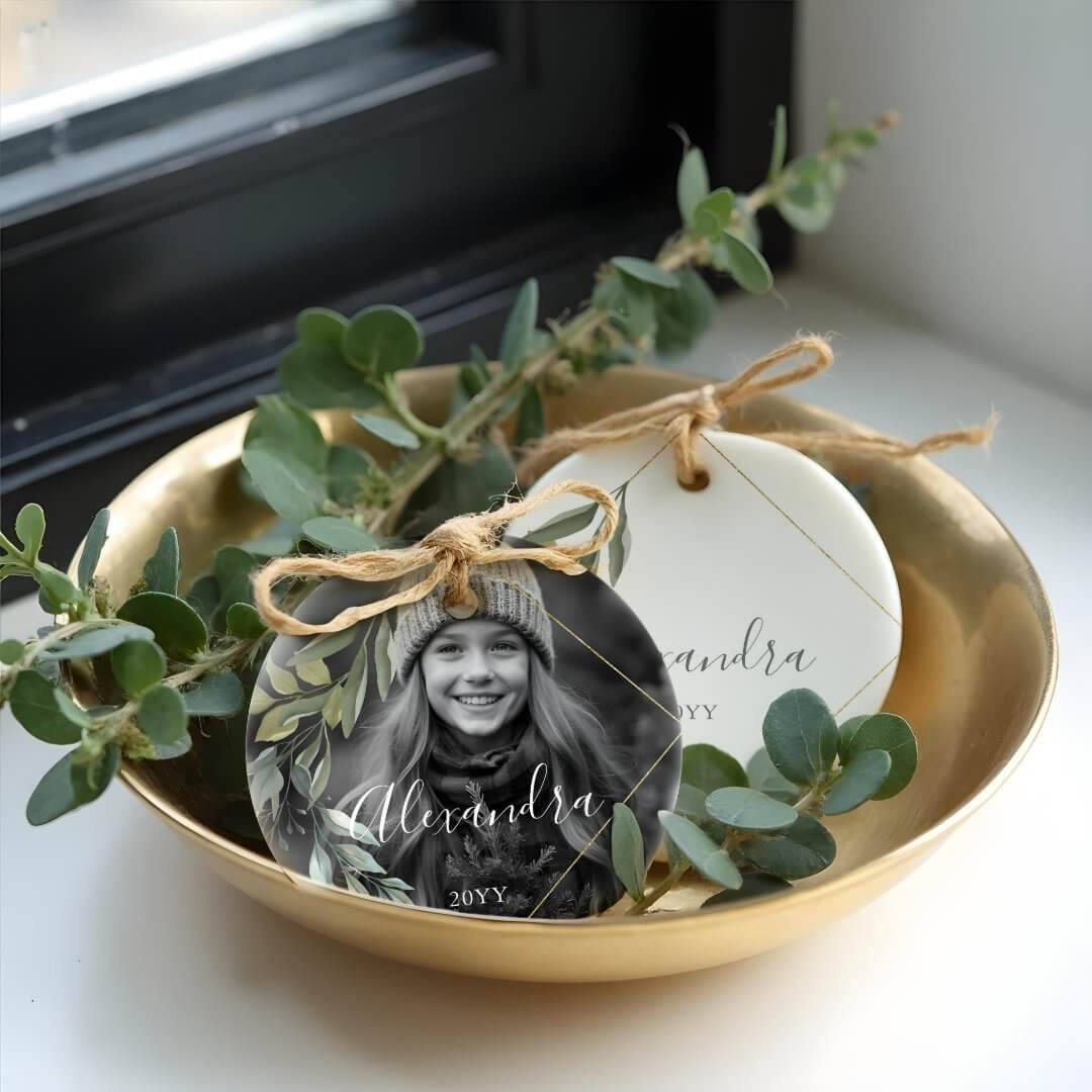 Gold Geometric Eucalyptus Black & White Photo Ceramic Ornament