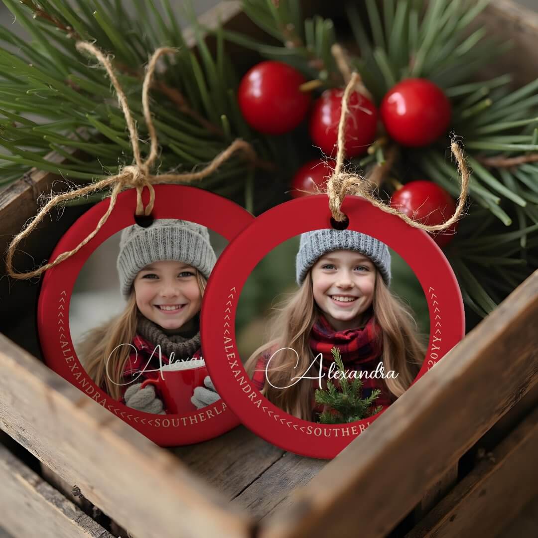 Minimal Elegant Two Photo Collage Keepsake Red Ceramic Ornament