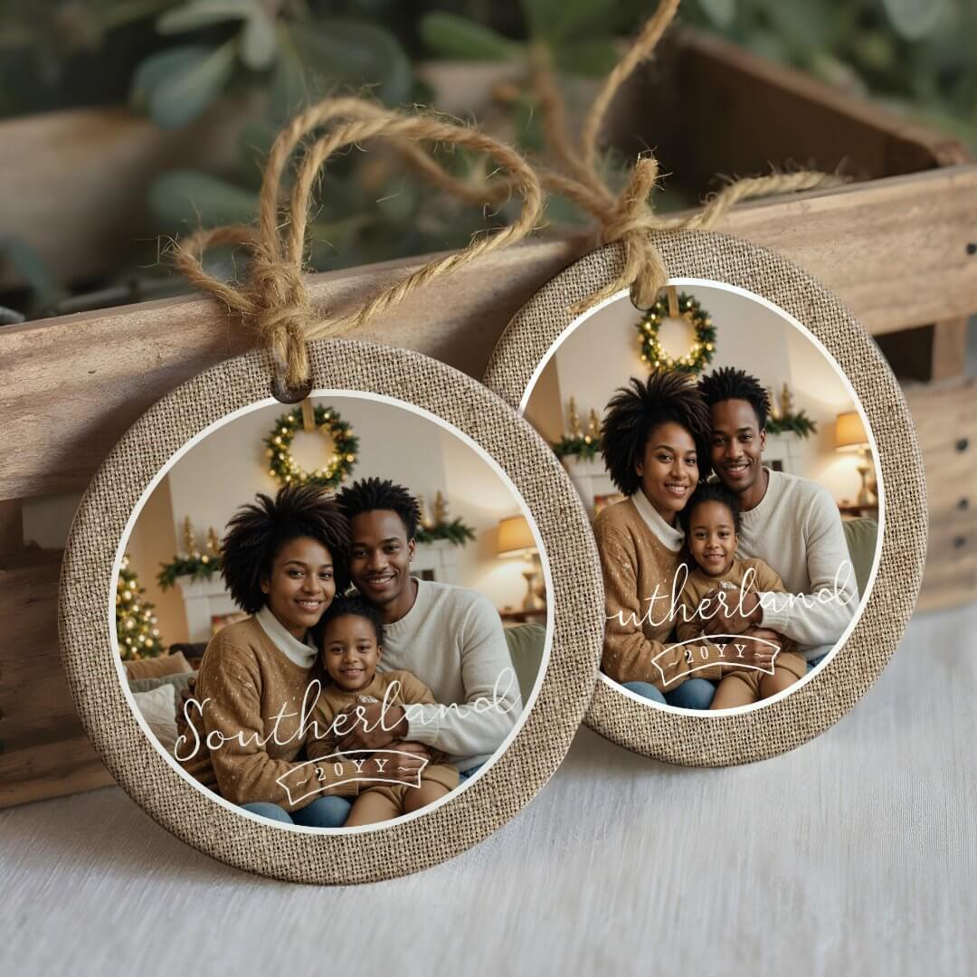 Minimal Rustic Farmhouse Burlap Personalized Photo Ceramic Ornament