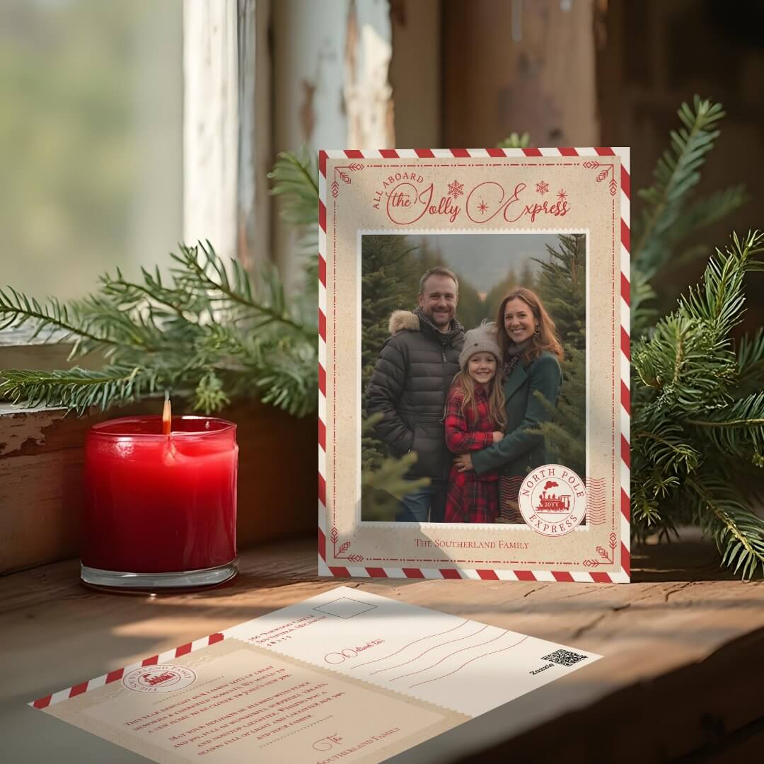 North Pole Express Train Ticket Christmas Photo Holiday Postcard