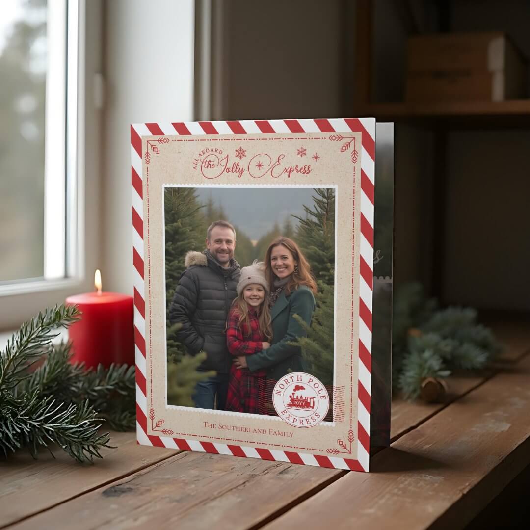 North Pole Express Train Ticket Christmas Photos Tri-Fold Holiday Card