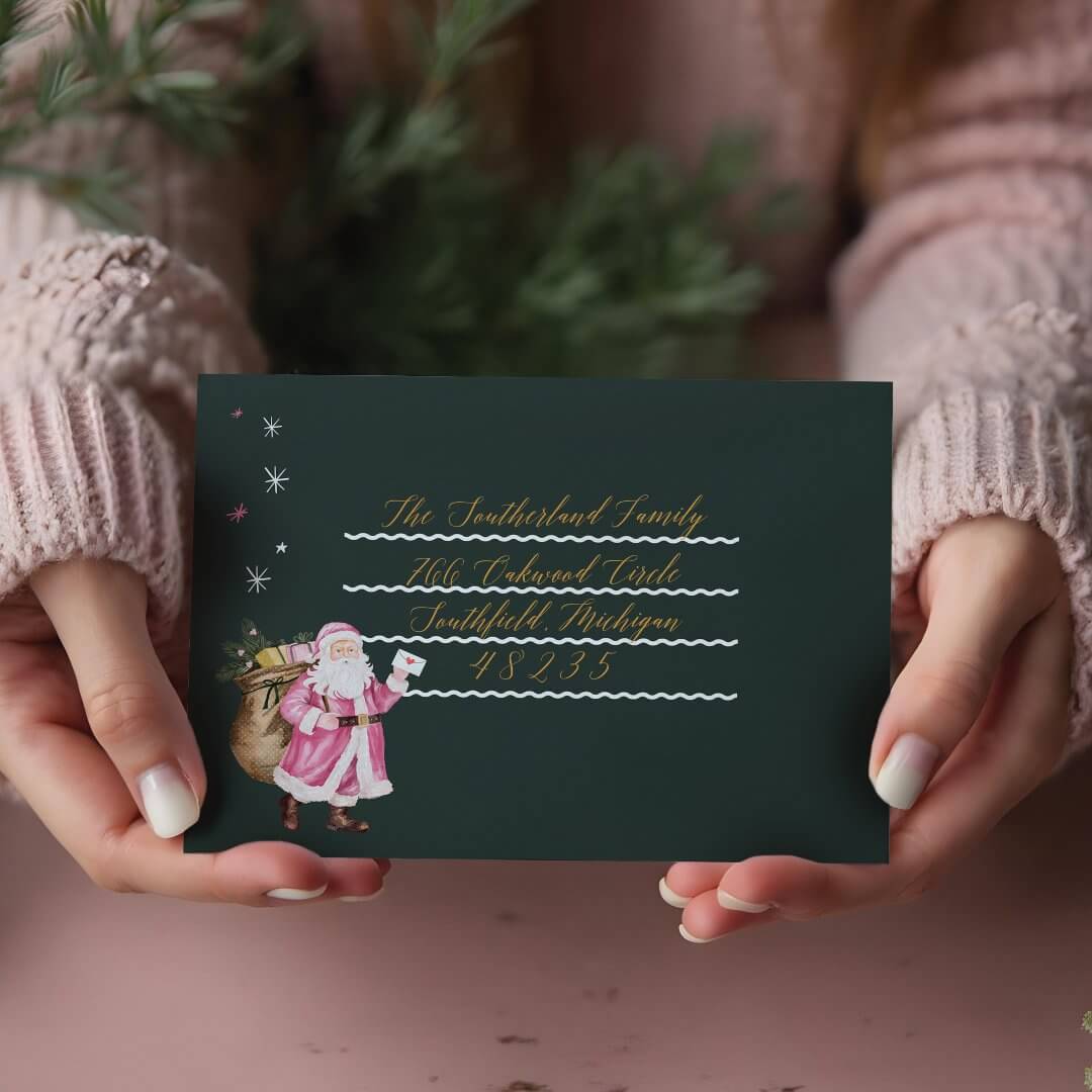 Pink Christmas Retro Vintage Santa Claus Letter Envelope