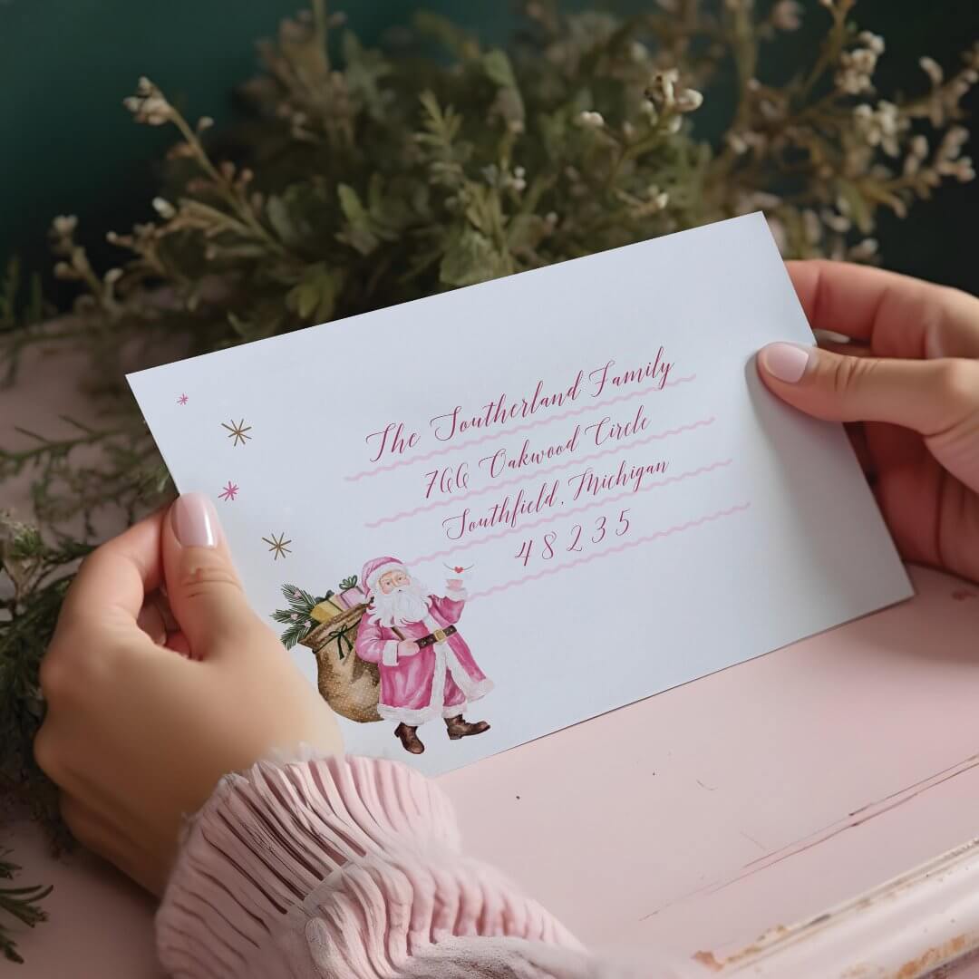 Pink Christmas Retro Vintage Santa Claus Letter Envelope