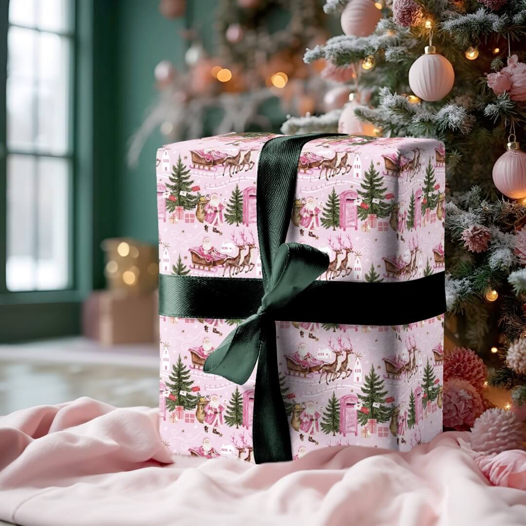 Pink Christmas Santa Reindeer North Pole Village Pink Wrapping Paper