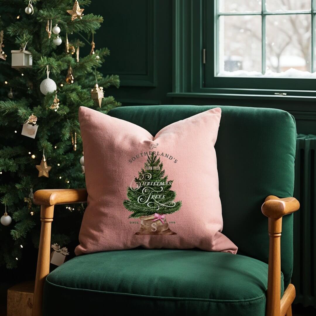 Pink Retro Fun Vintage Farm Fresh Tree Monogram Throw Pillow