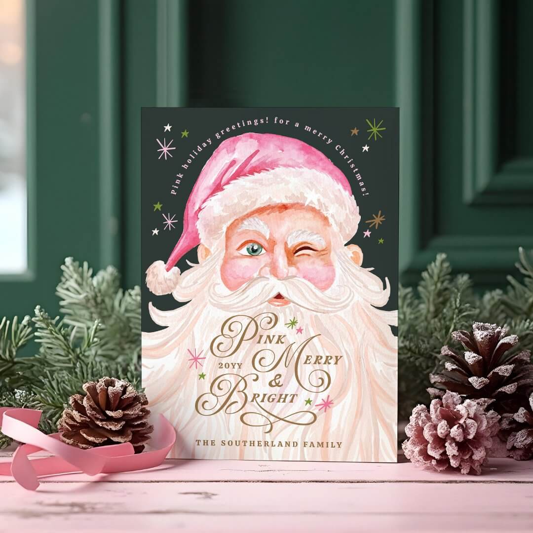 Retro Vintage Merry & Pink Watercolor Santa Claus Green Holiday Card