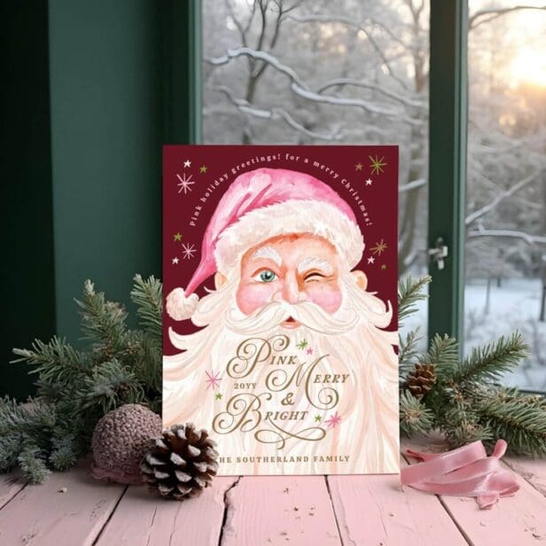Retro Vintage Merry & Pink Watercolor Santa Claus Holiday Card