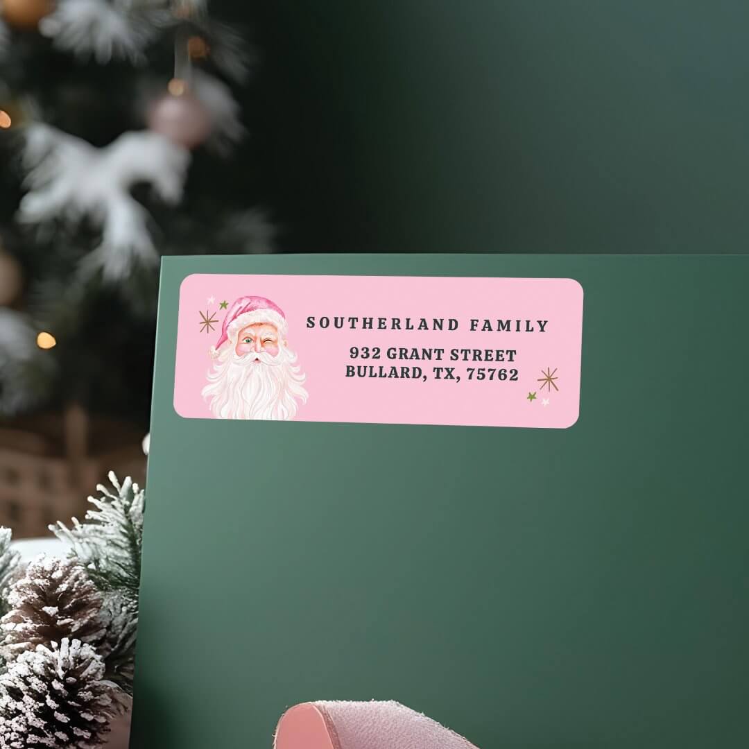 Retro Vintage Merry & Pink Watercolor Santa Claus Pink Label