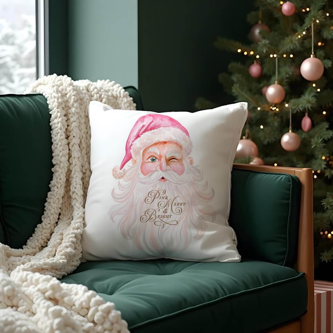 Retro Vintage Merry & Pink Watercolor Santa Claus Throw Pillow