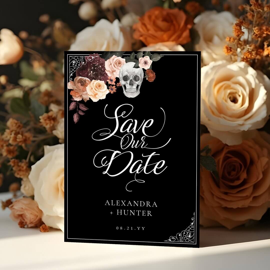 Skeleton Hand Ring Goth Fall Wedding Save the Date Invitation
