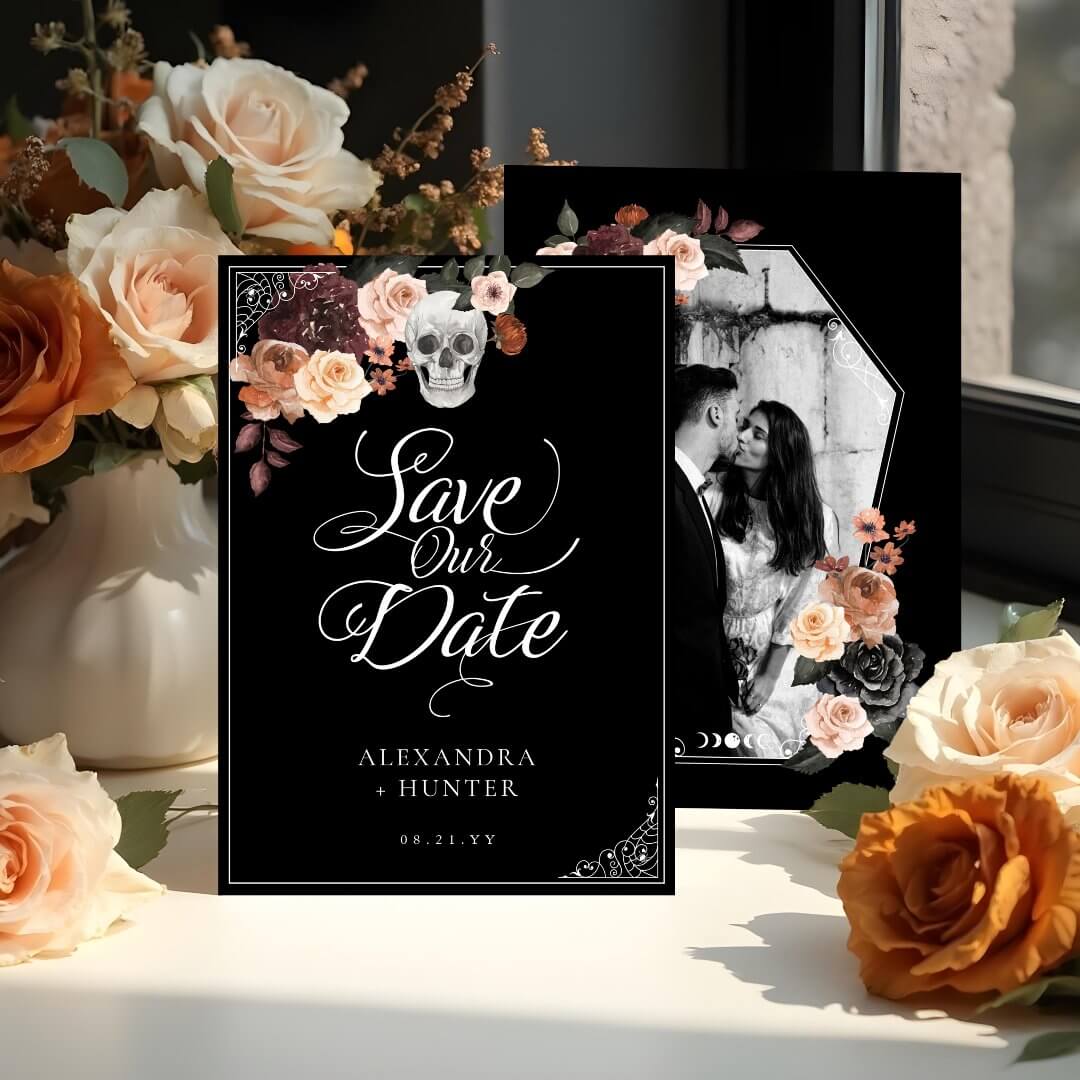 Skeleton Hand Ring Goth Fall Wedding Save the Date Invitation