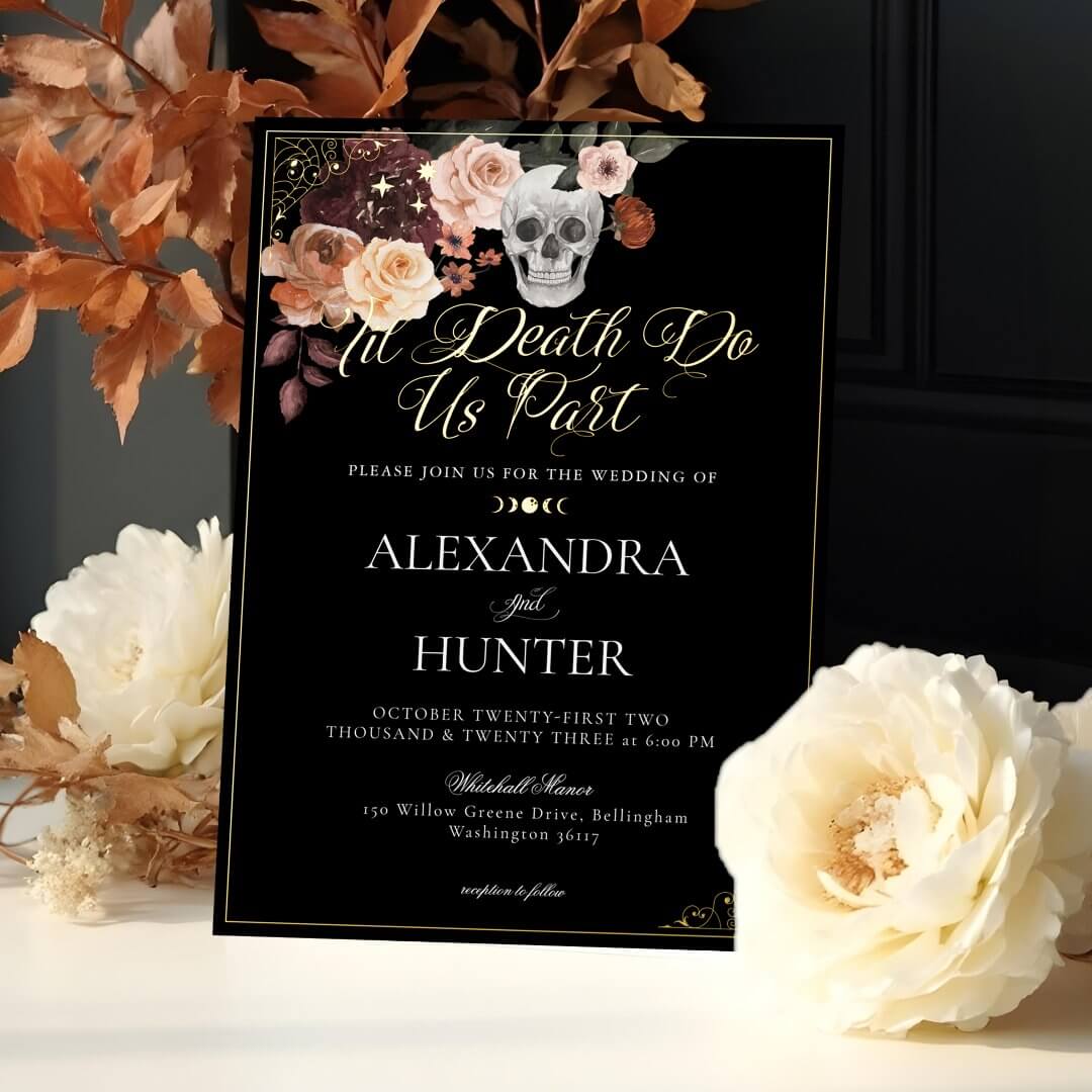 Til Death Watercolor Skull Autumn Gothic Wedding Foil Invitation