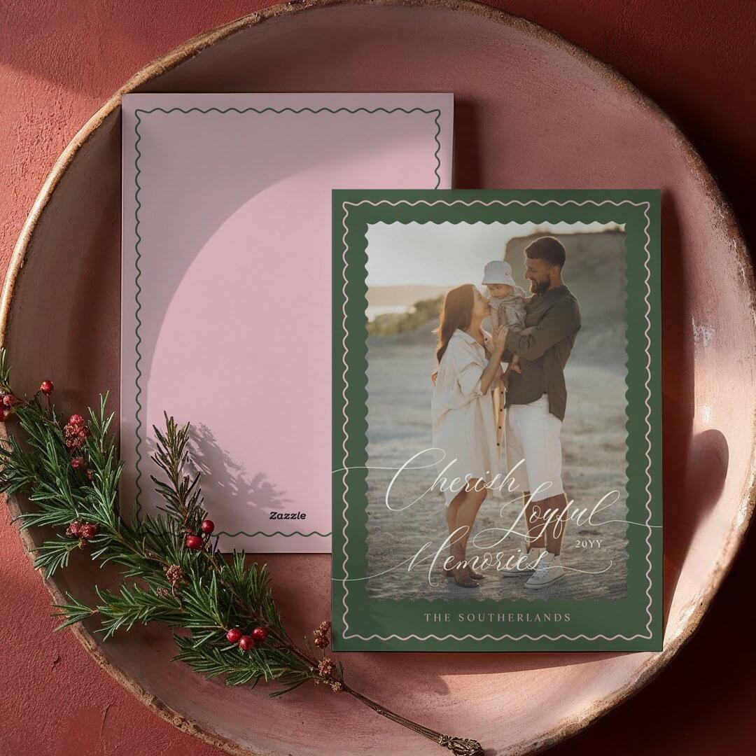 Cherish Joyful Memories Wavy Modern Minimal Photo Holiday Card