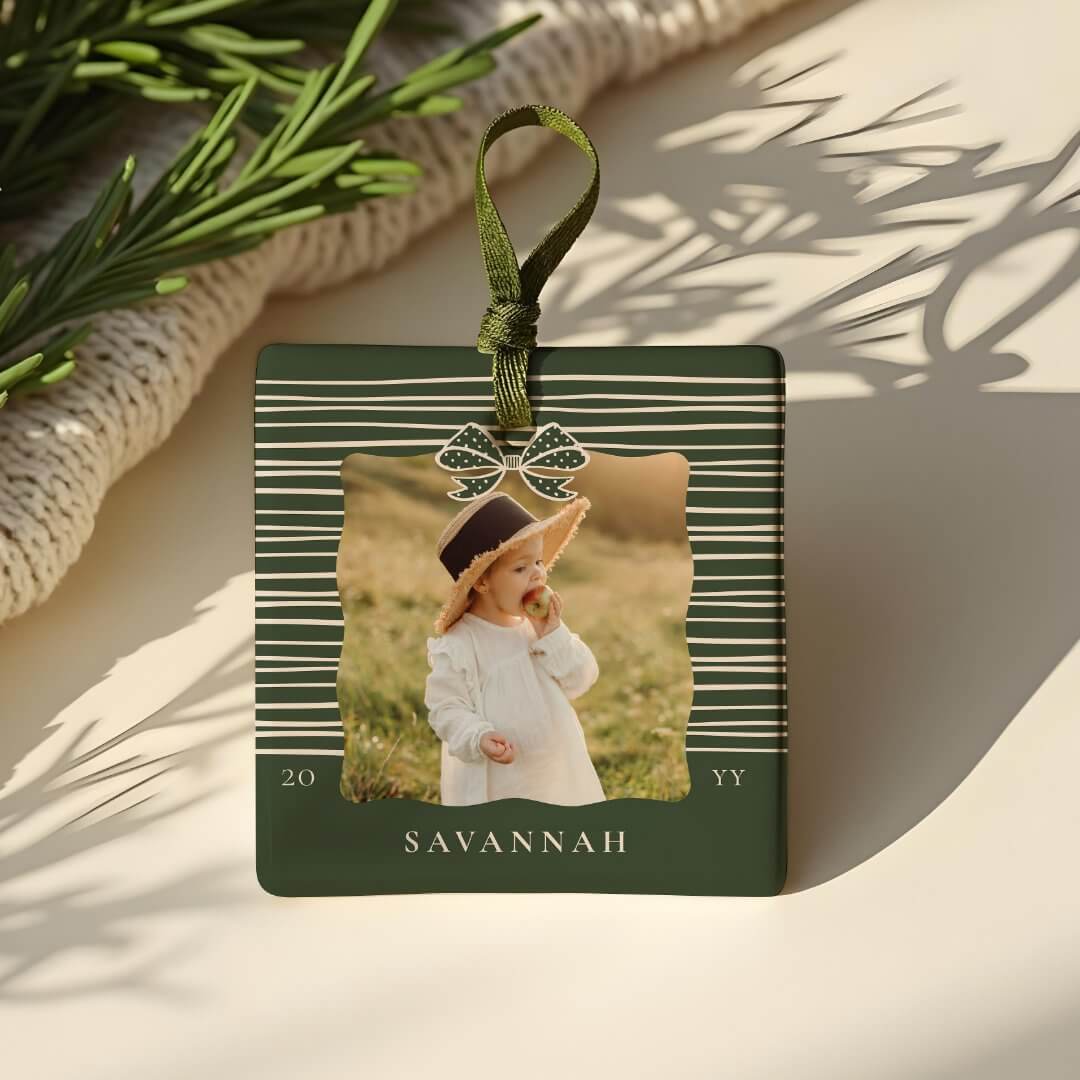 Christmas Bow Modern Stripes Wavy Photo Keepsake Green Ceramic Ornament