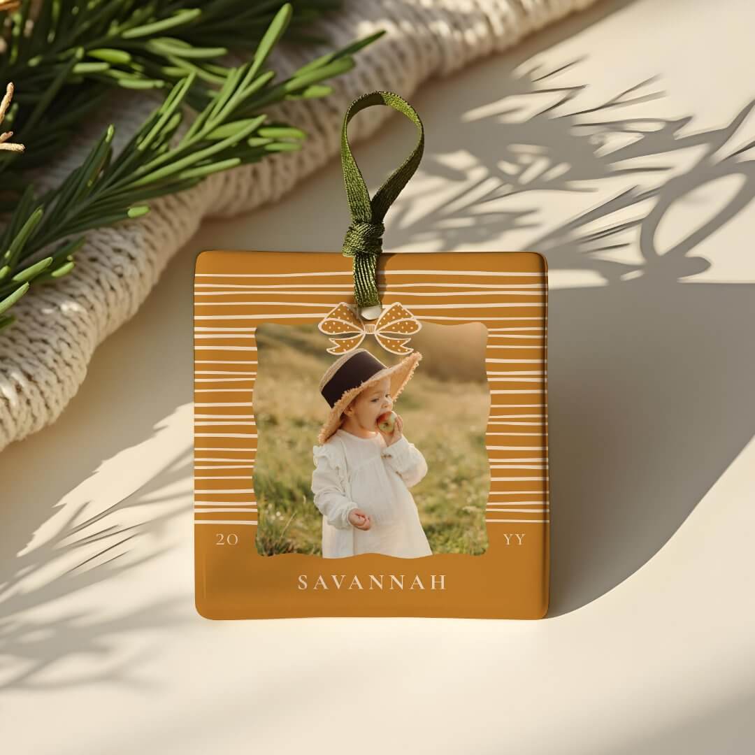 Christmas Bow Modern Stripes Wavy Photo Keepsake Burnt Orange Ceramic Ornament