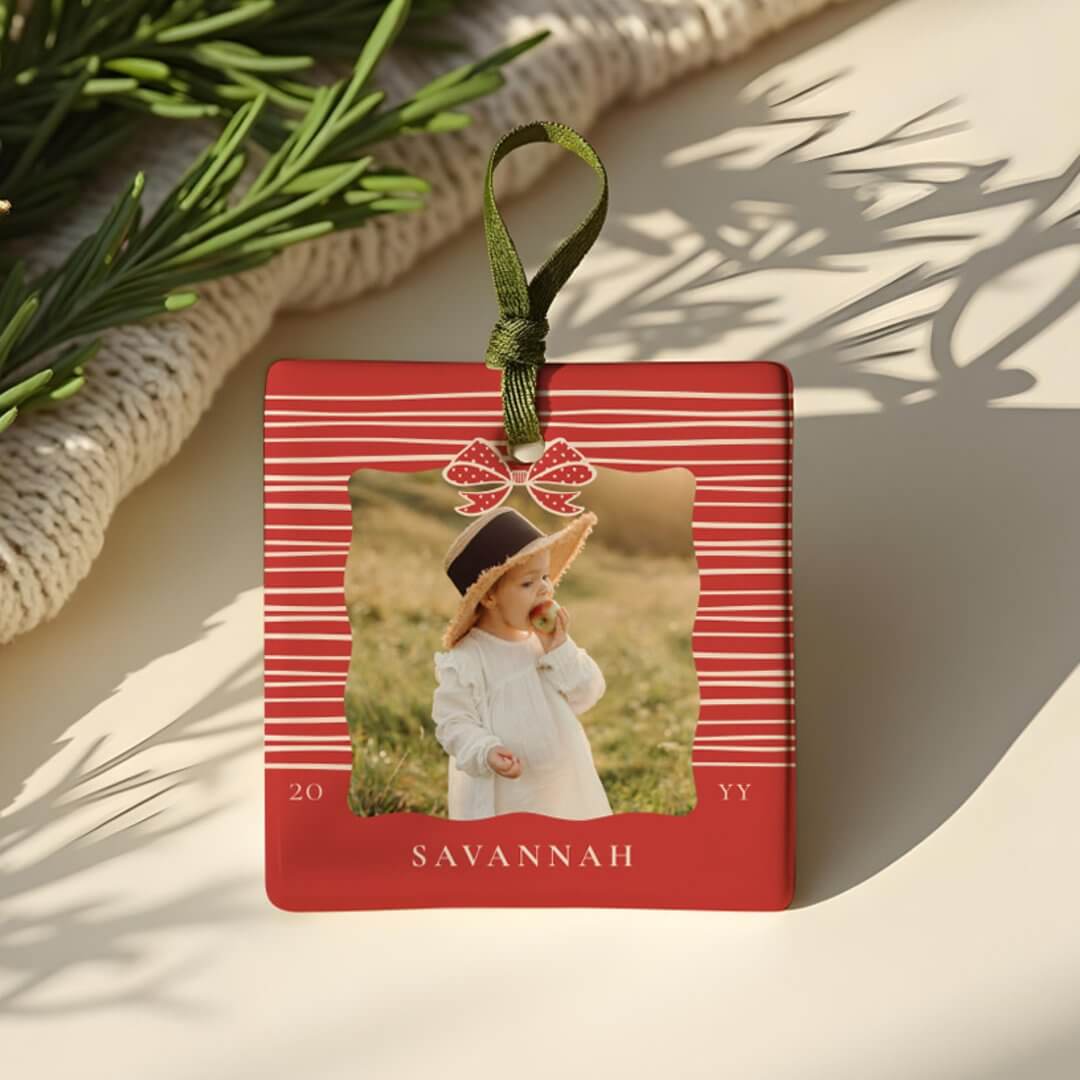 Christmas Bow Modern Stripes Wavy Photo Keepsake Red Ceramic Ornament