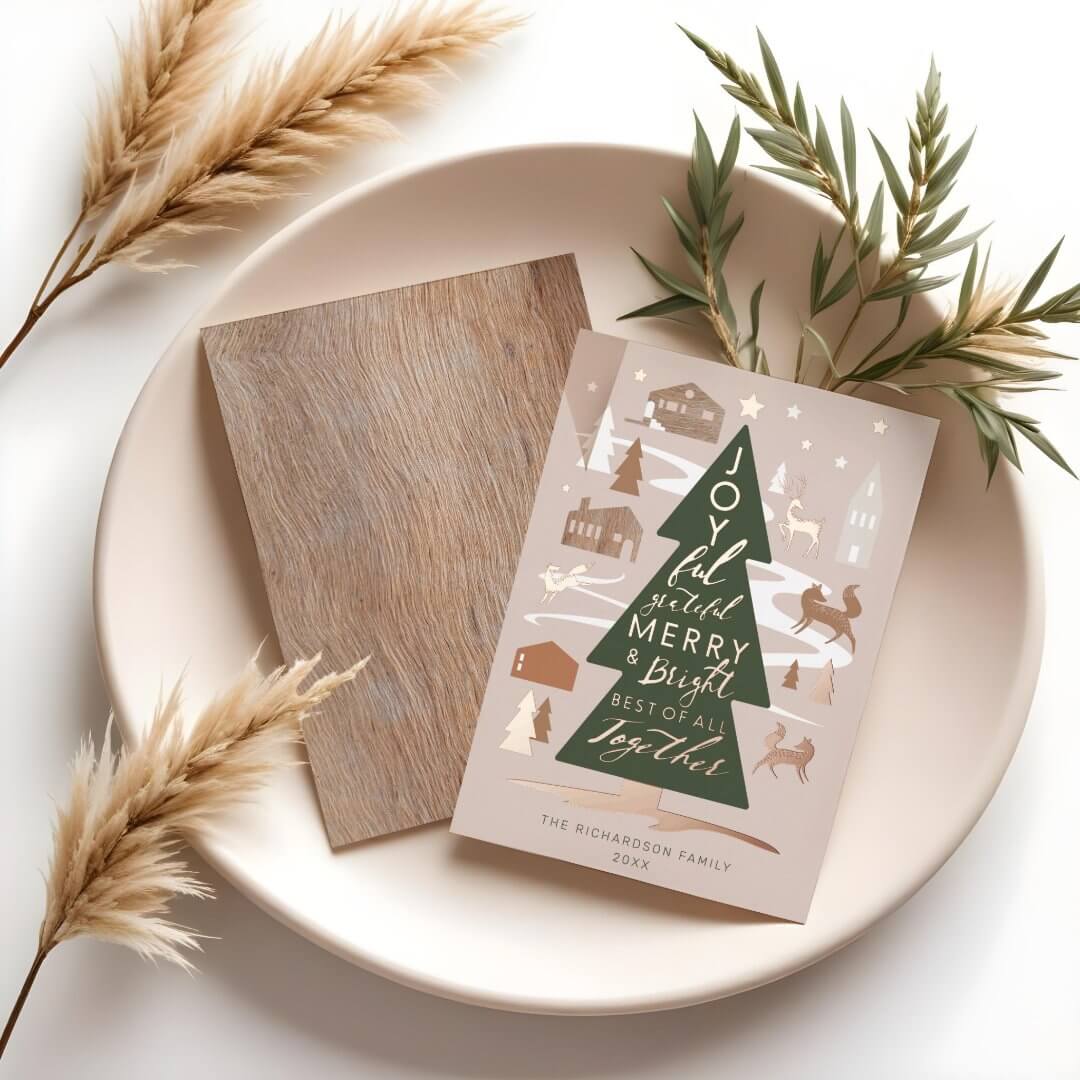 Christmas Tree Woodland Animals & Cozy Village Foil Holiday Card