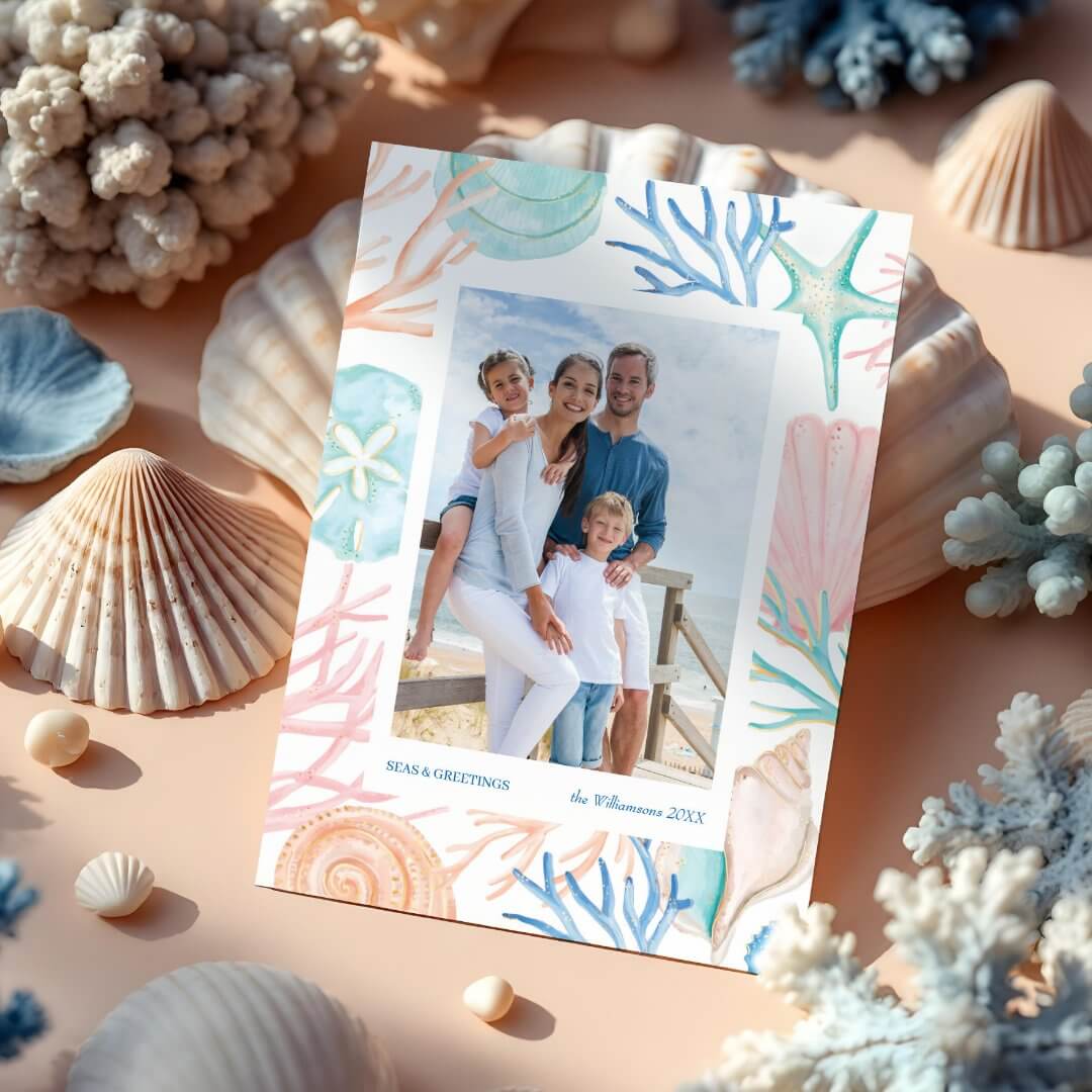 Coastal Christmas Watercolor Seashell Two Photo Holiday Card