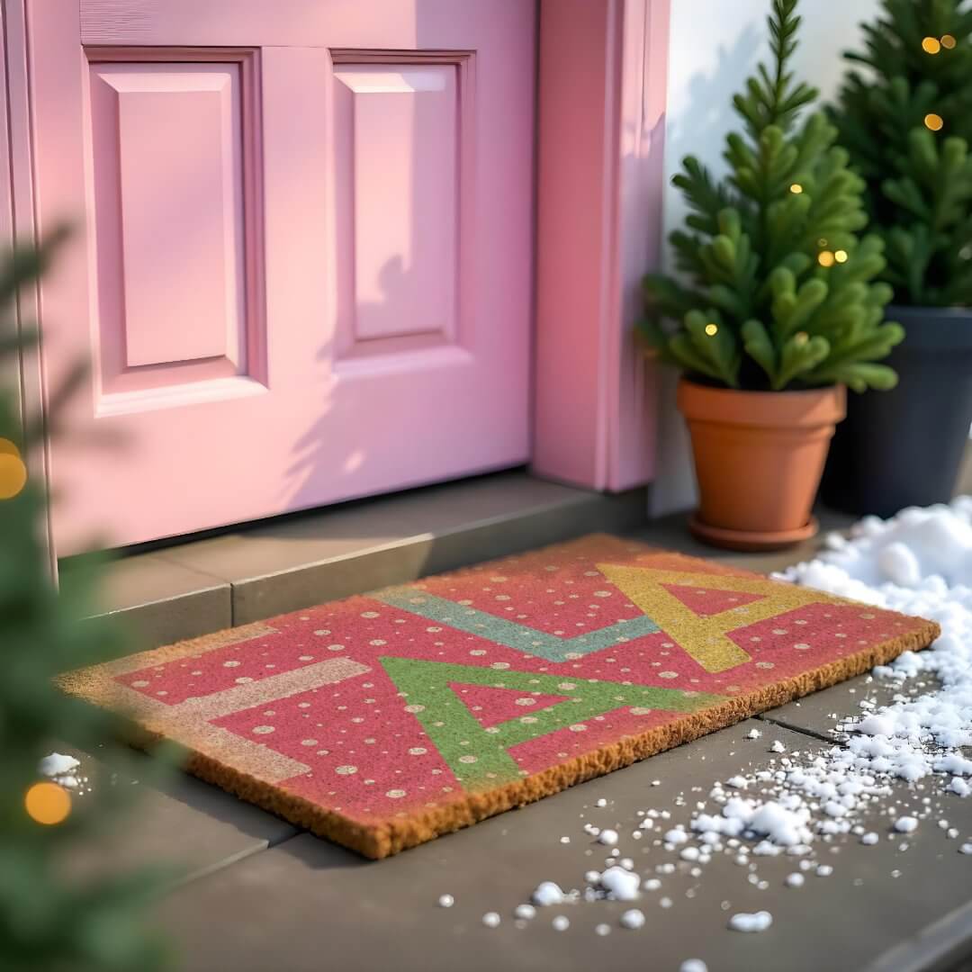 Colourful Bright Fa La La Snowy Festive Christmas Doormat