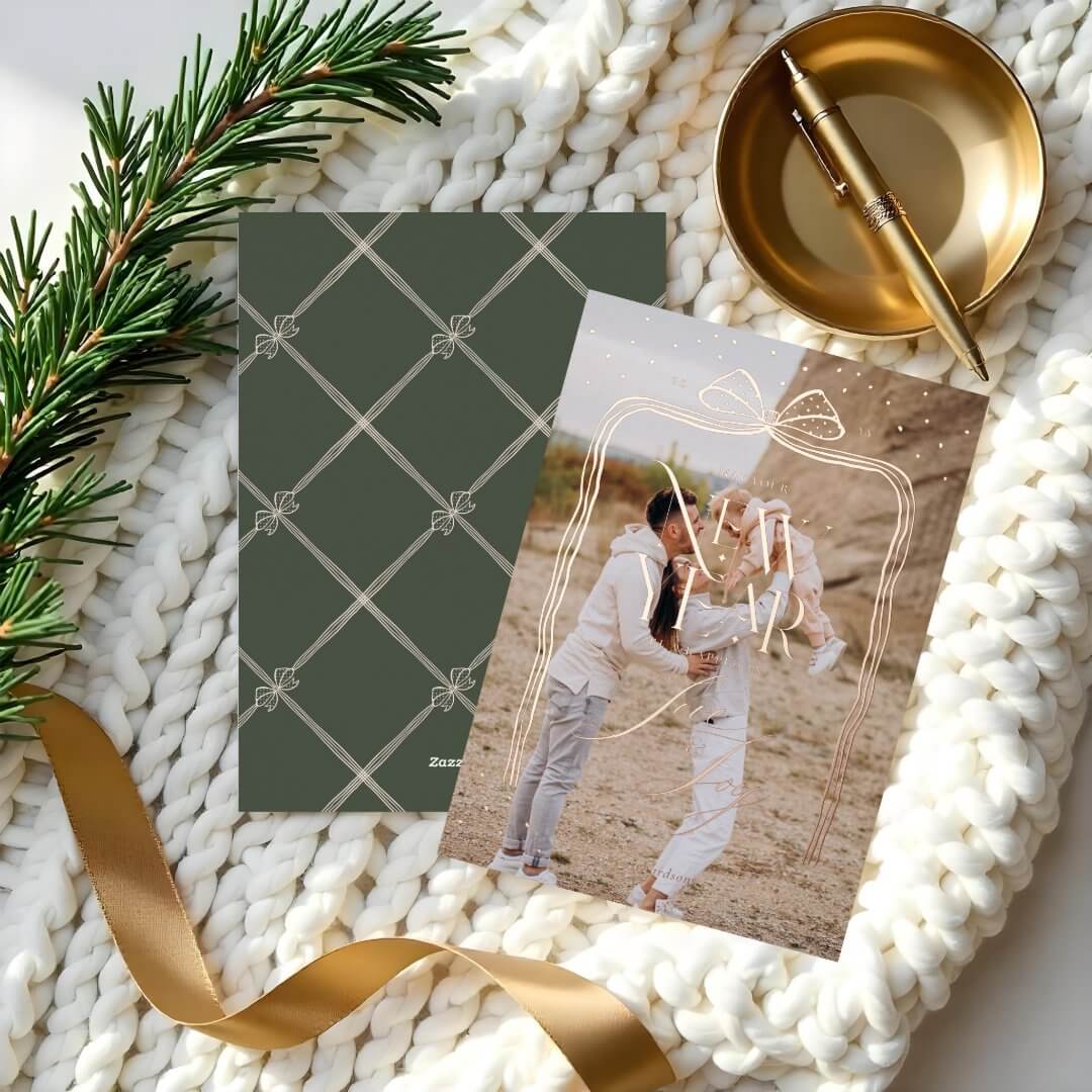 Elegant Chic Christmas Bow Family Photo New Year Foil Holiday Card