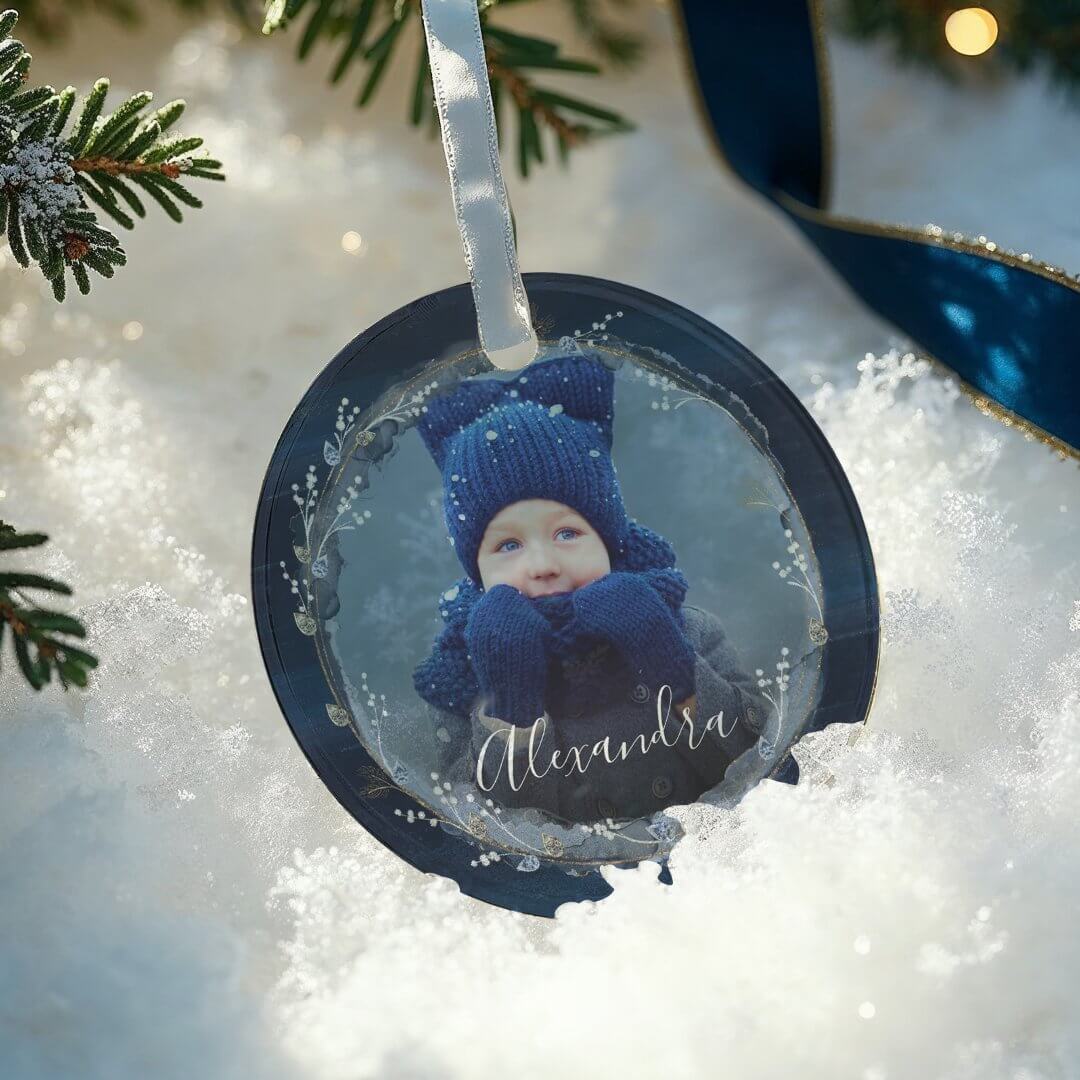 Elegant Navy Watercolor Ink & Jewels Photo Wreath Glass Ornament