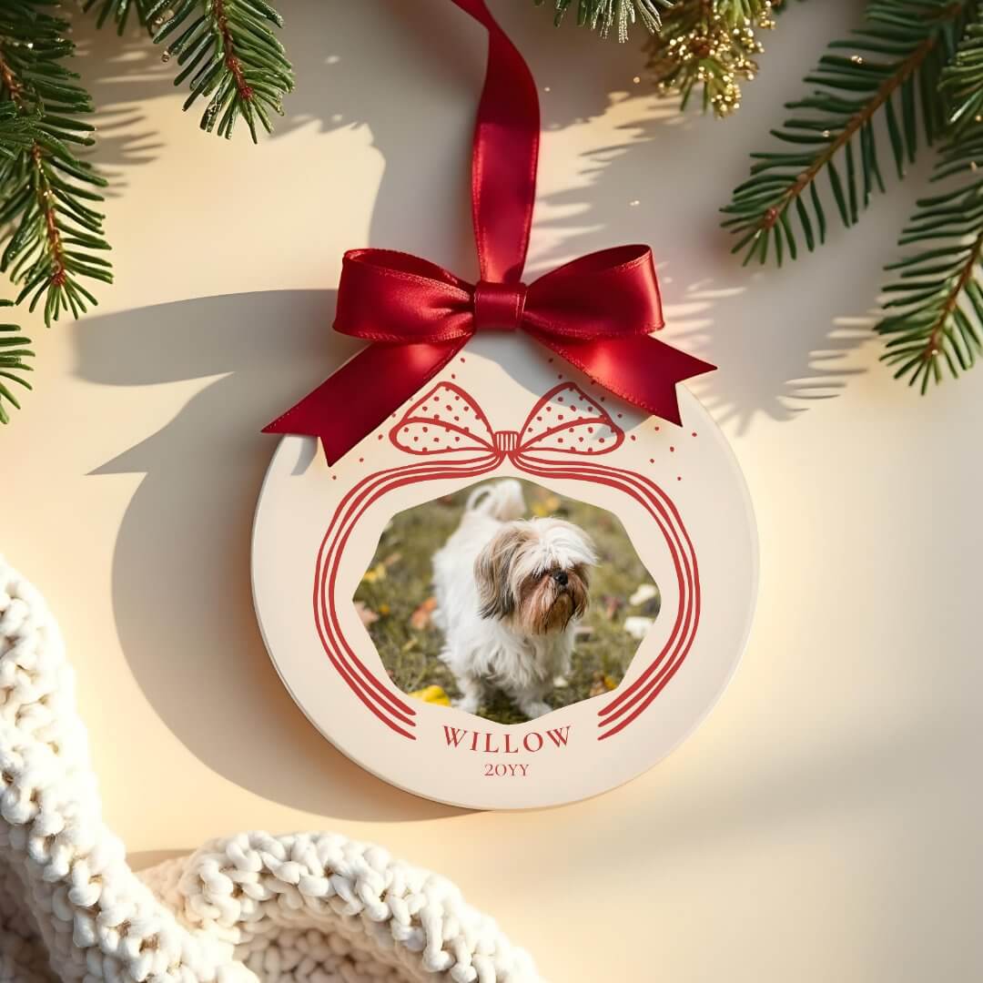 Elegant Polka Dot Red Christmas Bow Photo Keepsake Ceramic Ornament
