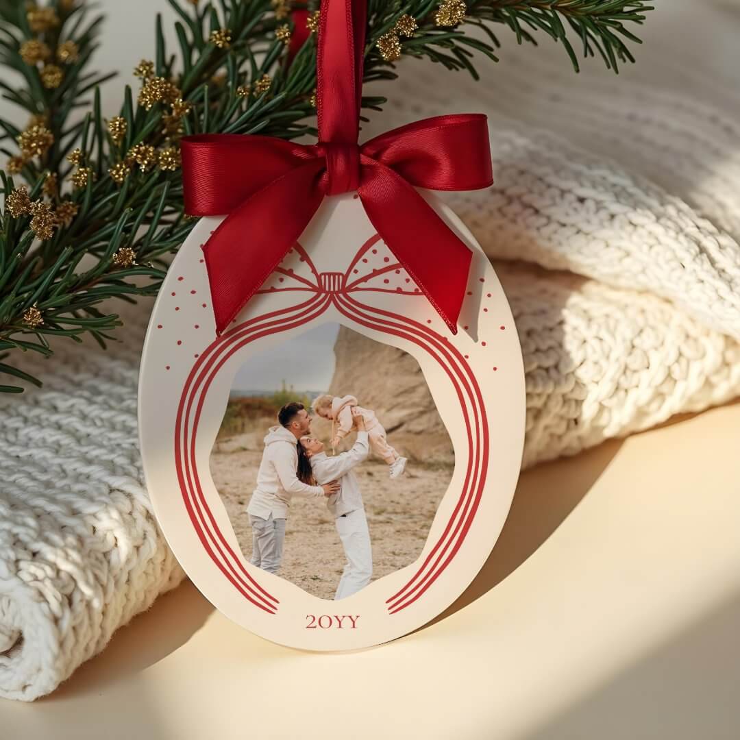 Elegant Polka Dot Red Christmas Bow Photo Keepsake Ceramic Ornament