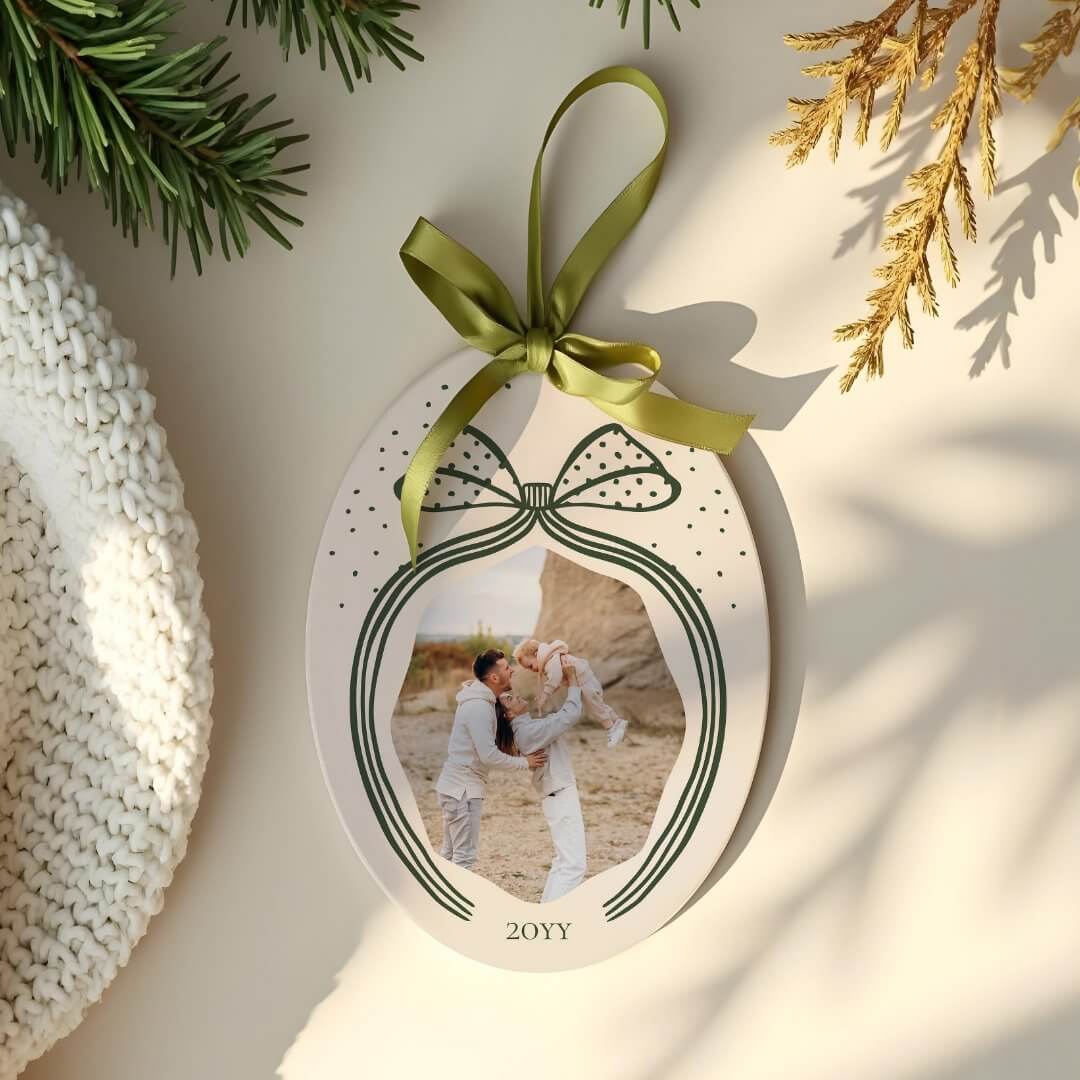Elegant Polka Dot Green Christmas Bow Photo Keepsake Ceramic Ornament