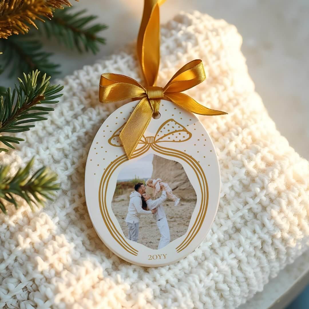 Elegant Polka Dot Burnt Yellow Christmas Bow Photo Keepsake Ceramic Ornament