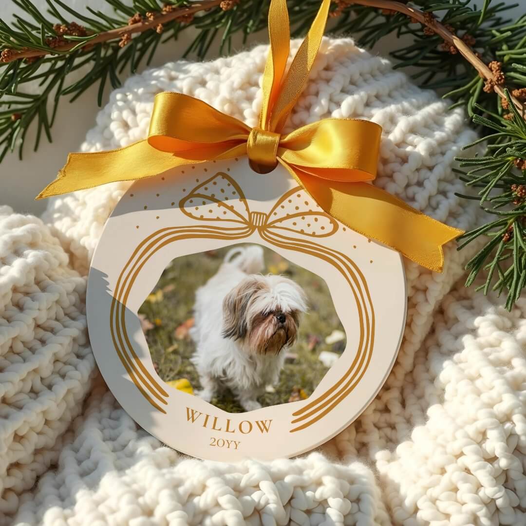 Elegant Polka Dot Burnt Orange Christmas Bow Photo Keepsake Ceramic Ornament