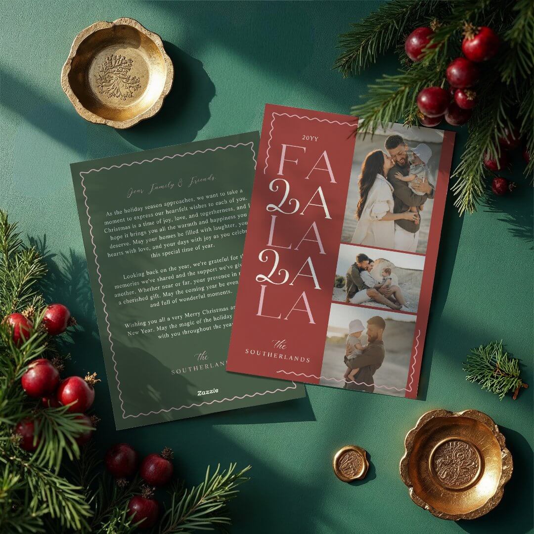 FA LA LA LA Wavy Modern Minimal 3 Photo Collage Holiday Card