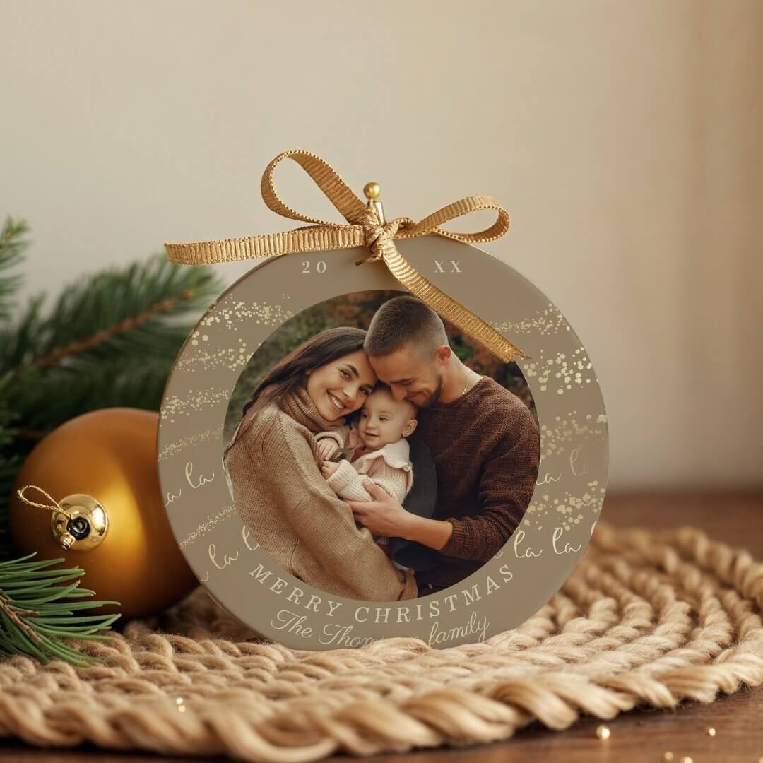 Fa La La Magical Gold Christmas Carol Song Photo Beige Ceramic Ornament