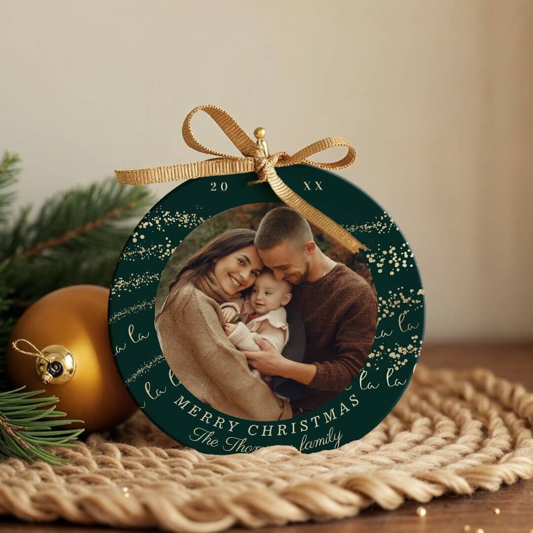 Fa La La Magical Gold Christmas Carol Song Photo Green Ceramic Ornament