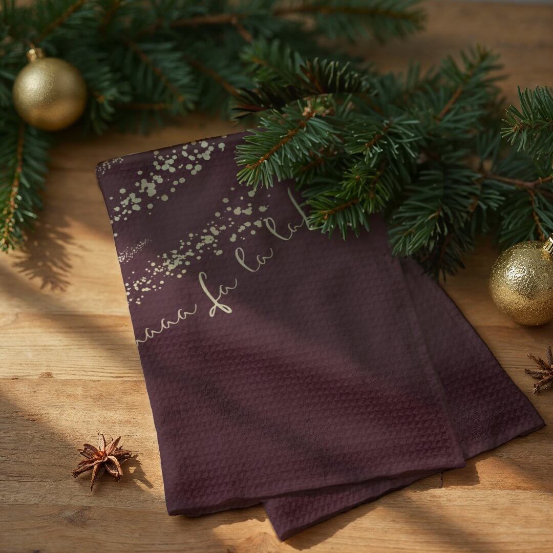 Fa La La Magical Gold Sparkle Christmas Carol Burgundy Kitchen Towel