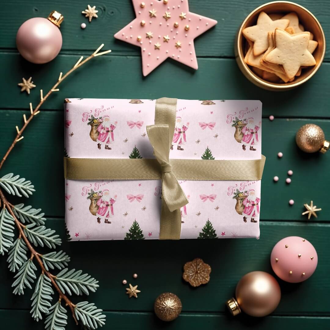 Fa La La Retro Pink Santa Claus Christmas Vintage Wrapping Paper