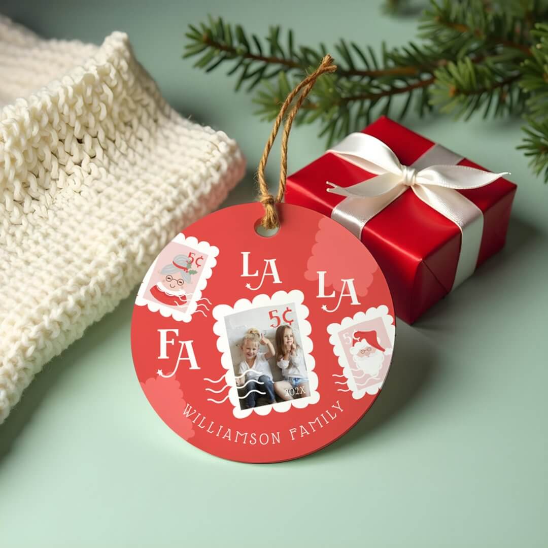 Fa La La Santa Claus Christmas Postage Stamp Photo Ceramic Ornament