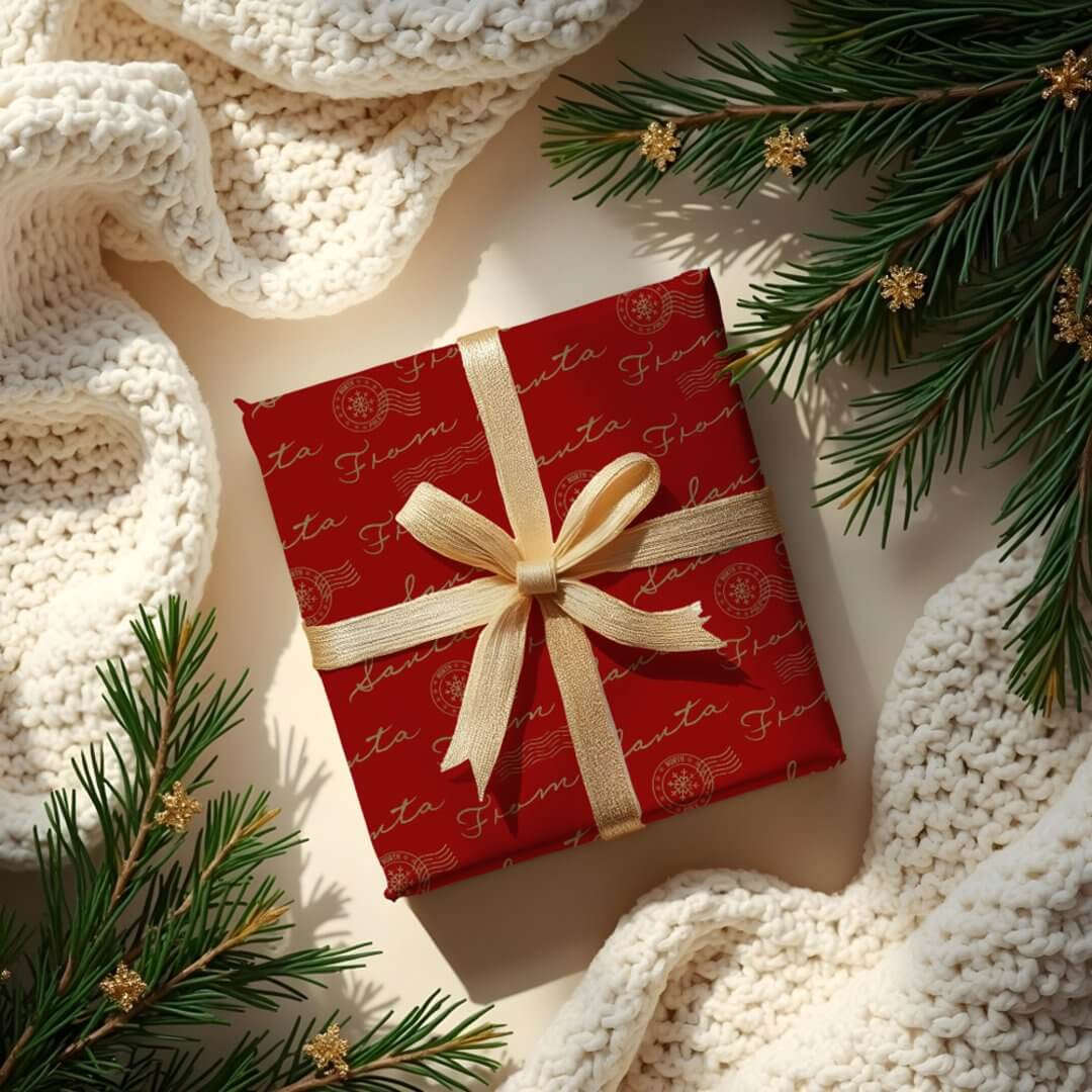 From Santa Vintage Postage Mail Parcel Red & Gold Wrapping Paper