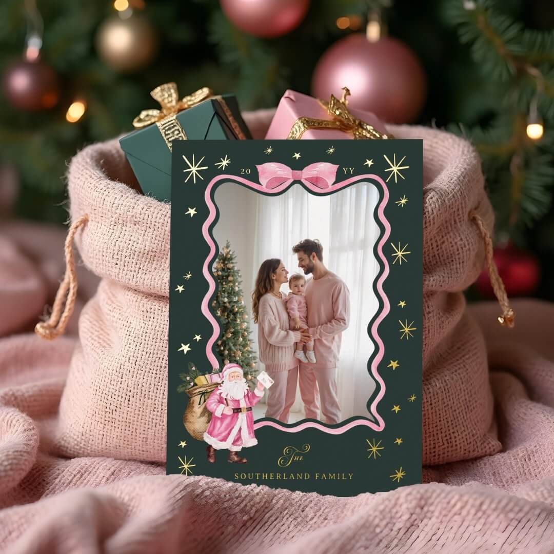 Fun Retro Santa Wavy Pink Ribbon Photo Christmas Foil Holiday Card