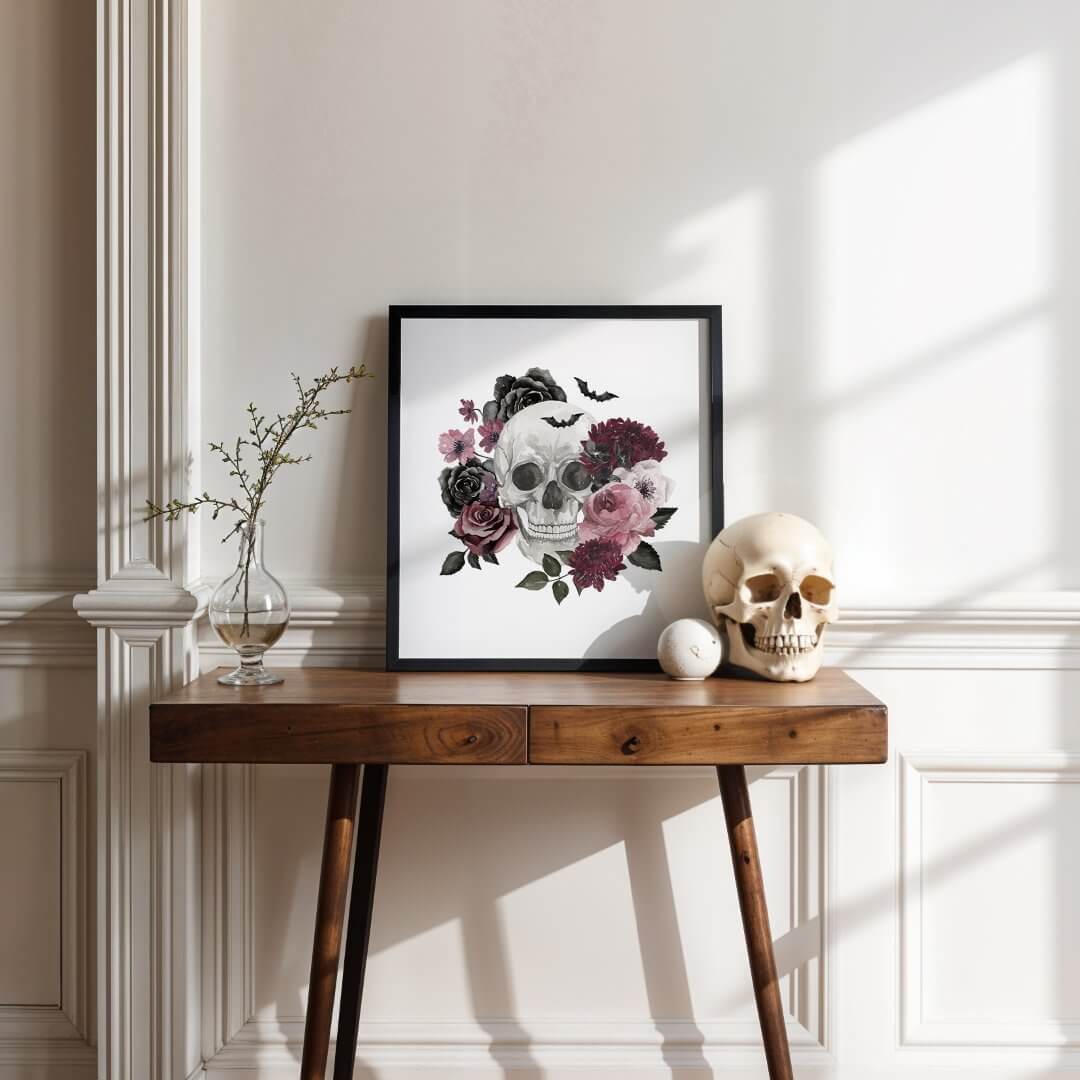 Gothic Chic Watercolor Floral Human Skeleton Skull Poster
