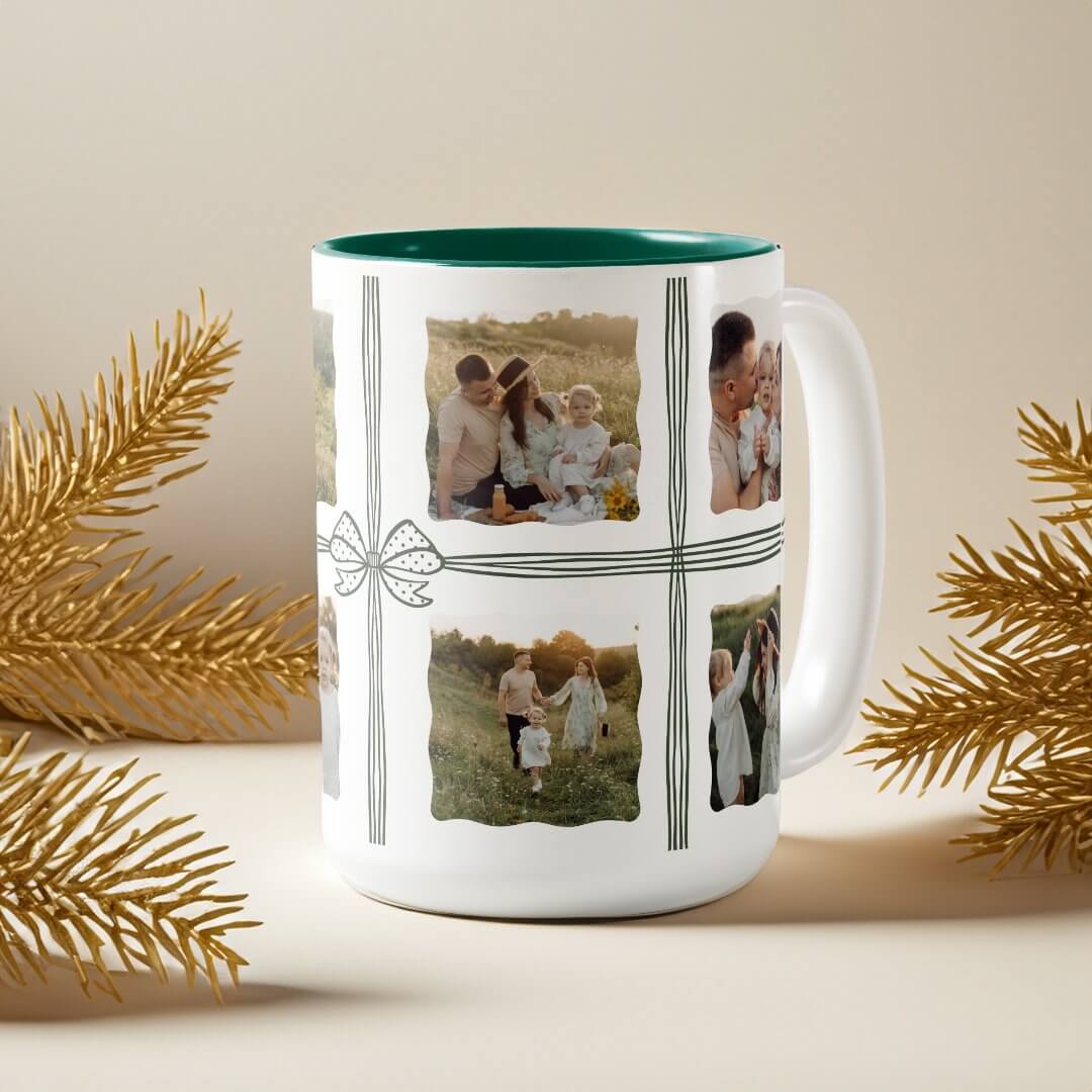 Green Polka Dot Christmas Bow Family Photo Collage Two-Tone Coffee Mug