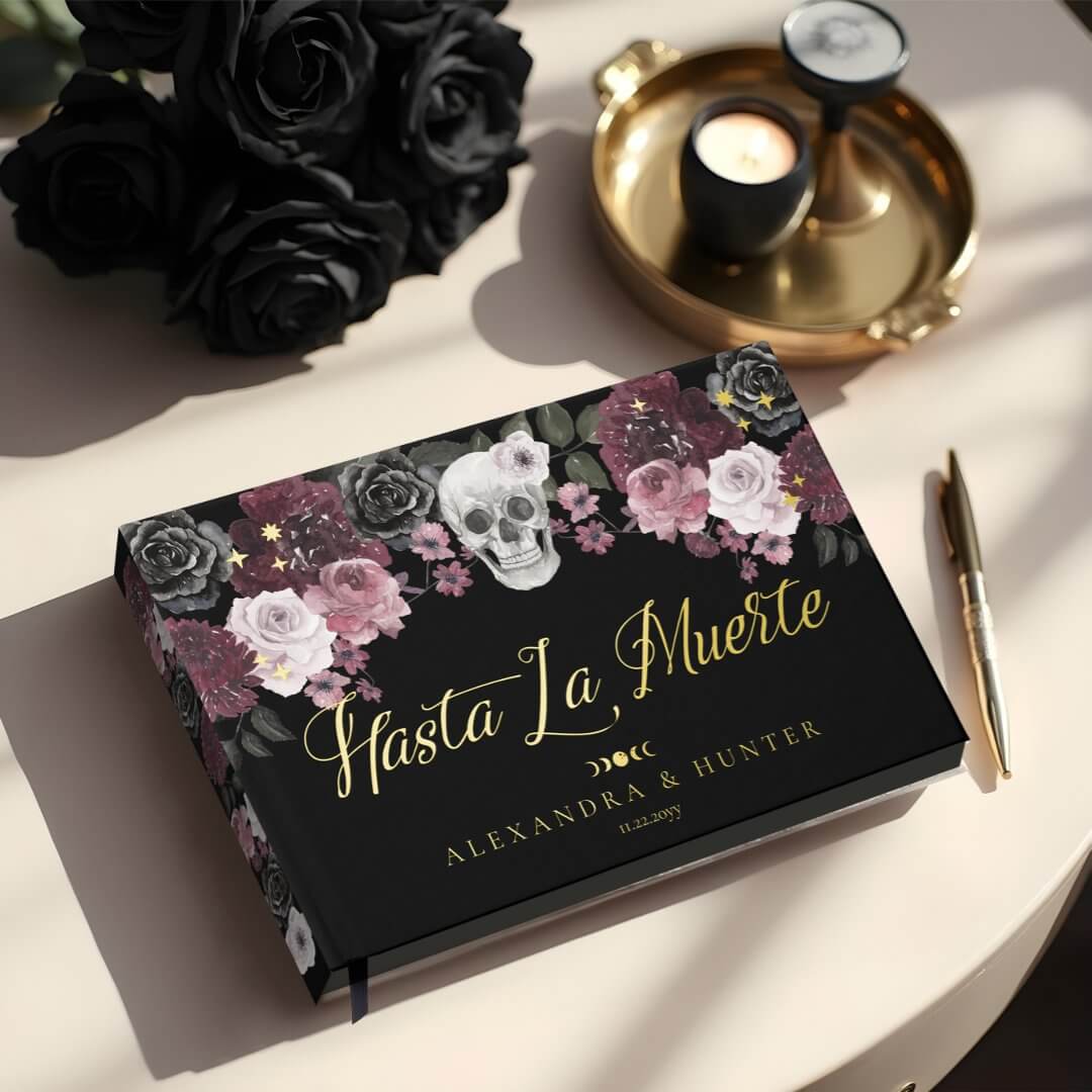 Hasta La Muerte Watercolor Skull Gothic Wedding Foil Guest Book