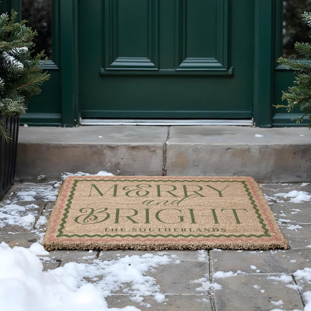 Merry & Bright Green Pink Modern Retro Wavy Frame Doormat