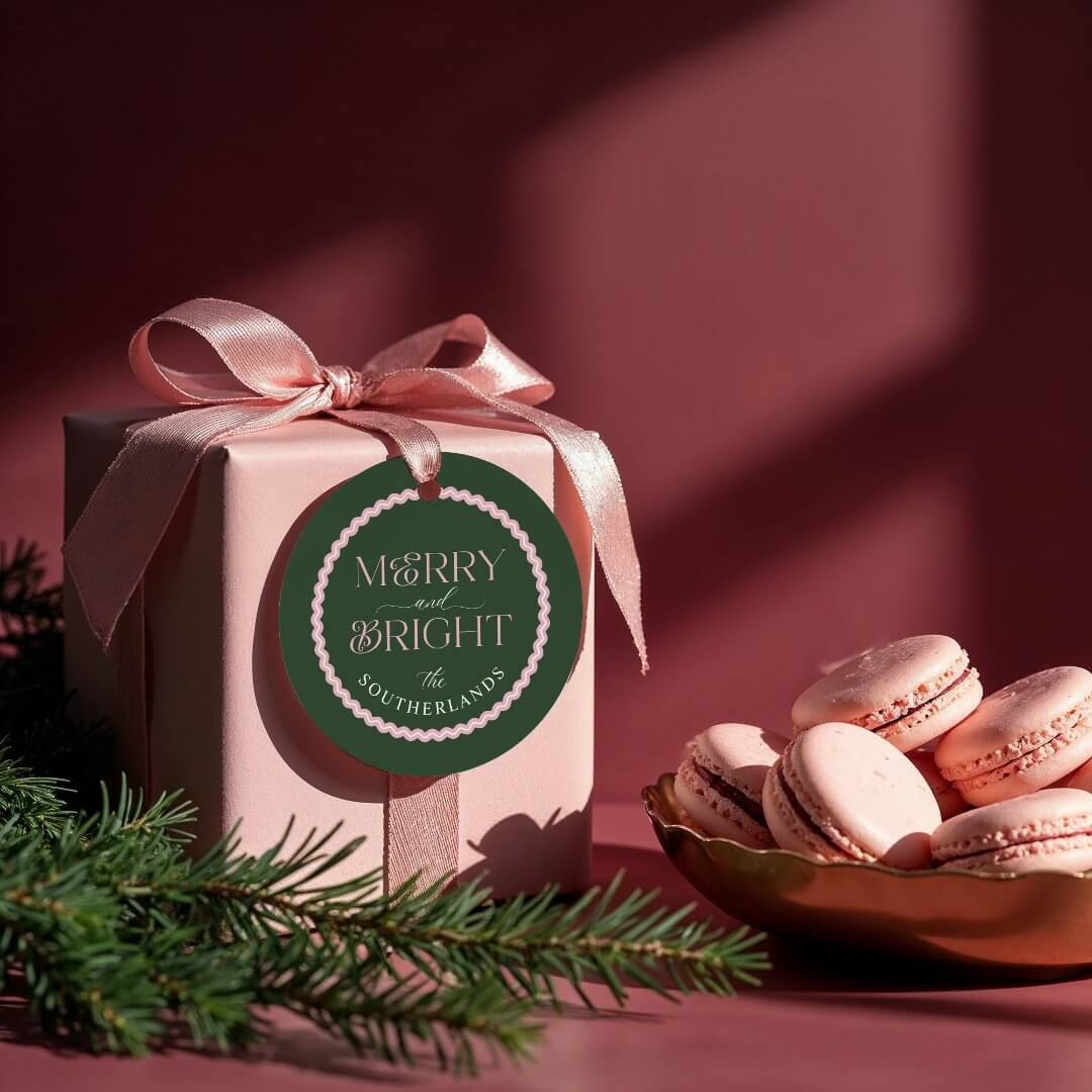 Merry & Bright Modern Green Pink Retro Wavy Photo Favor Tags