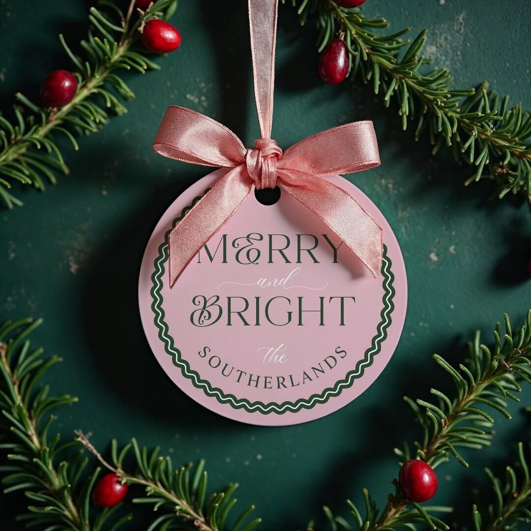 Merry & Bright Modern Green Pink Retro Wavy Photo Favor Tags