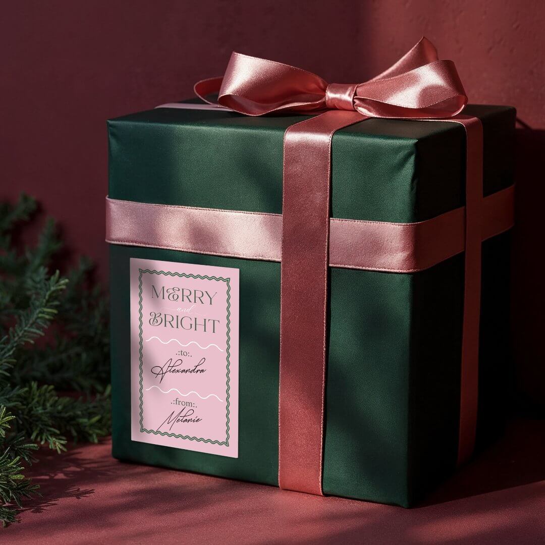 Merry & Bright Modern Pink Retro Wavy To & From Rectangular Sticker