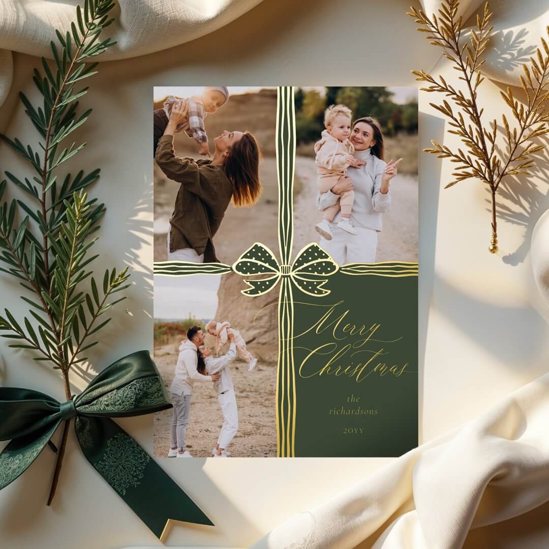 Merry Christmas Elegant Bow Present Photo Collage Foil Green Holiday Card