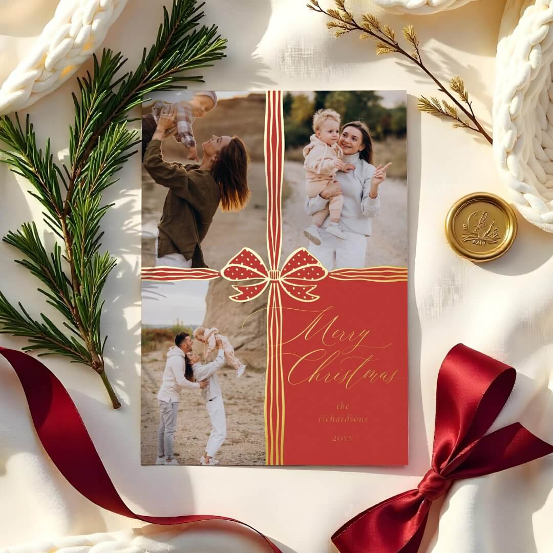 Merry Christmas Elegant Bow Present Photo Collage Foil Red Holiday Card