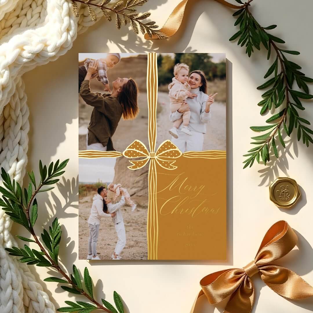 Merry Christmas Elegant Bow Present Photo Collage Foil Golden Holiday Card