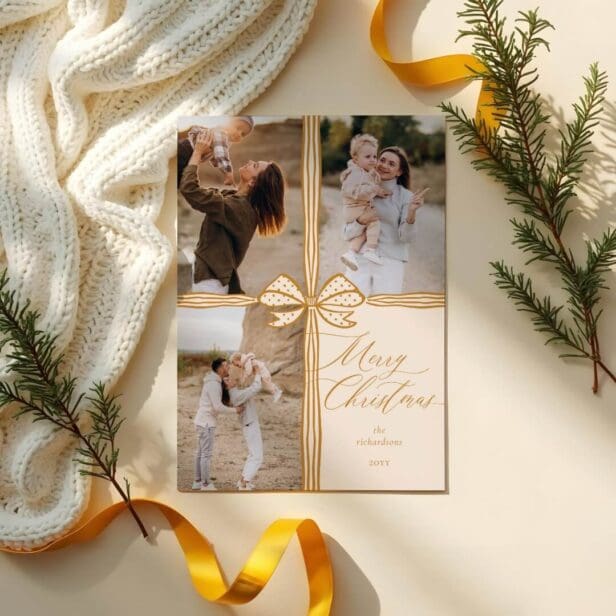 Merry Christmas Elegant Bow Present Photo Collage Burnt Orange Holiday Card
