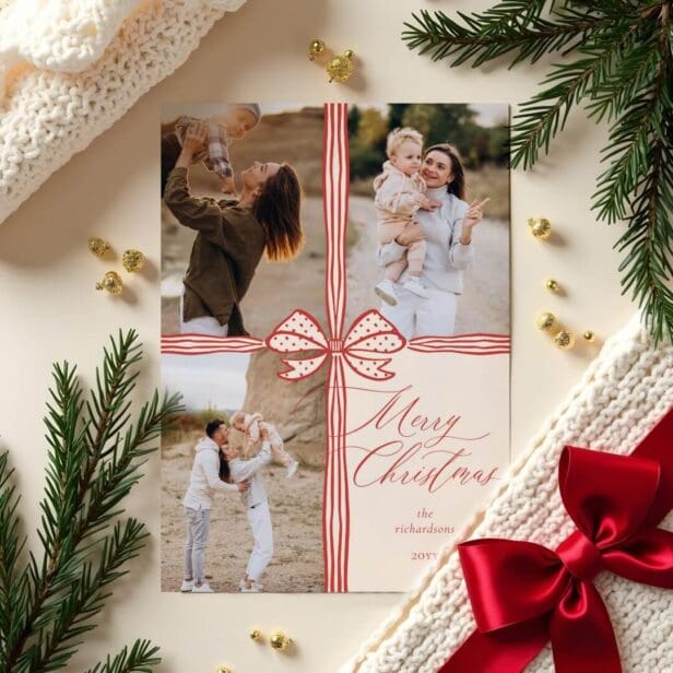 Merry Christmas Elegant Bow Present Photo Collage Red Holiday Card